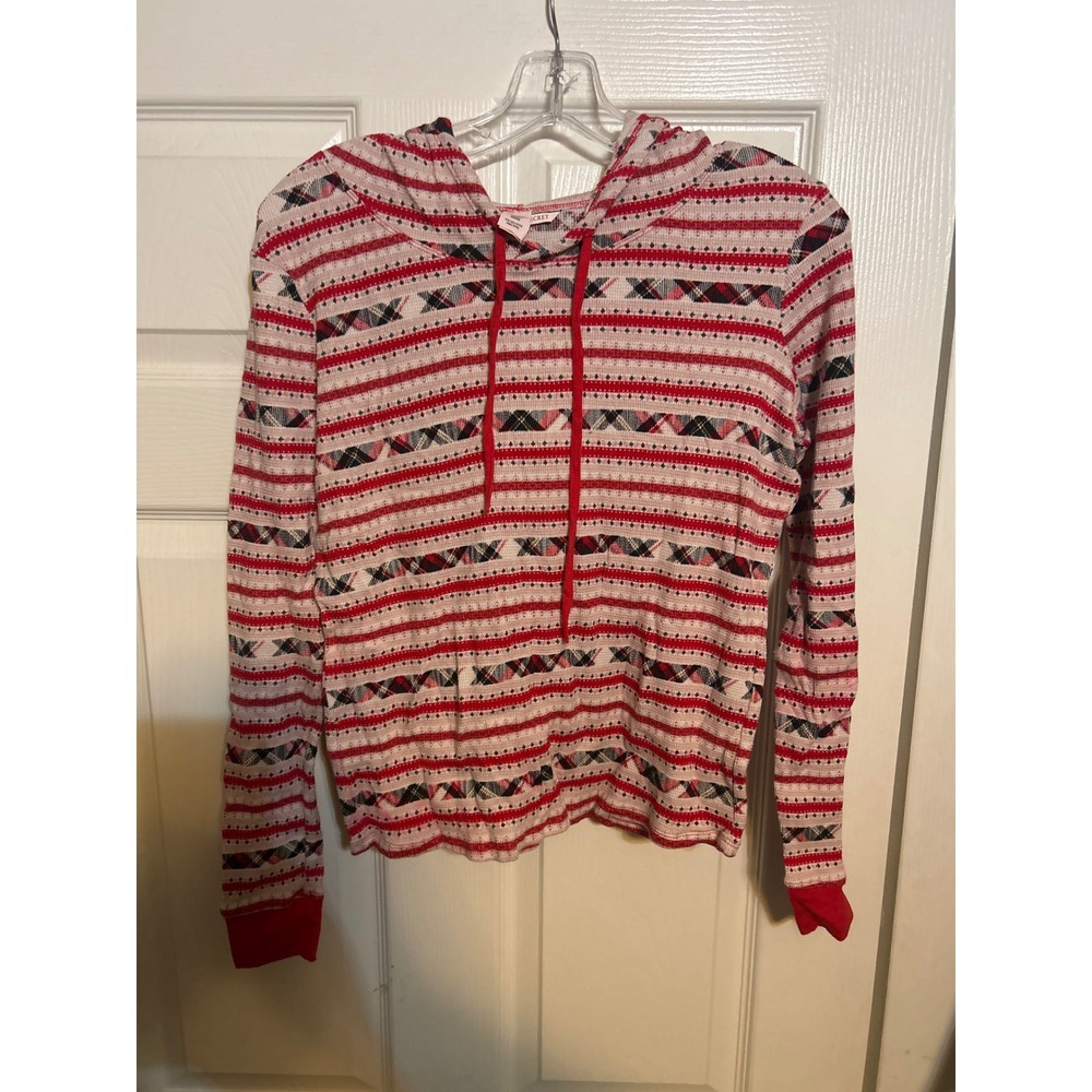 Victoria's Secret Red White Fair Isle Waffle Knit Thermal Hoodie‎ XS Loungewear